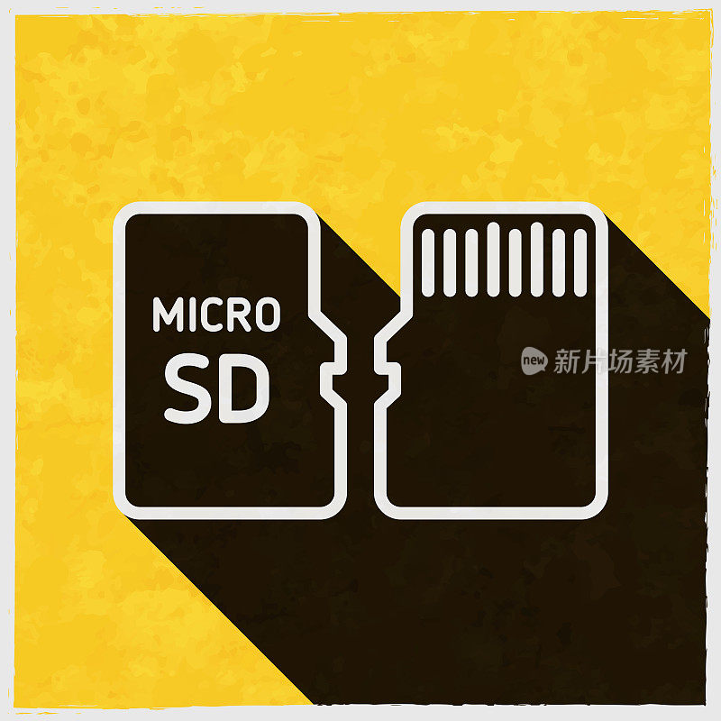 Micro SD卡-前后视图。图标与长阴影的纹理黄色背景